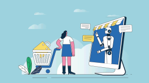 Illustration, die eine Frau mit Einkaufswagen vor einem riesigen Bildschirm zeigt, auf dem ein Roboter zu sehen ist