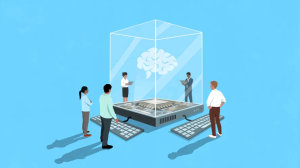 Eine Illustration, die einen Glaskasten zeigt, in dem ein Gehirn in Form einer Sprechblase zu sehen ist und außenherum stehen Personen und Tastaturen