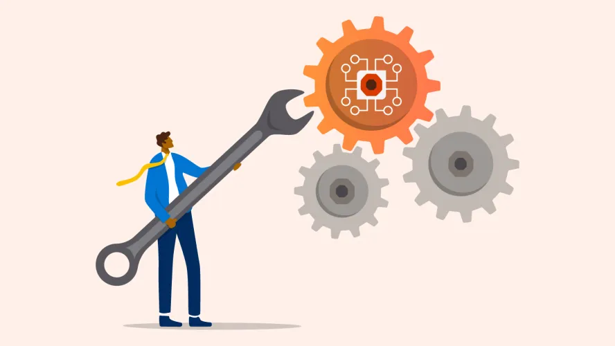 Eine Illustration, die eine Person mit einem riesigen Schraubenschlüssel zeigt sowie Zahnrädern