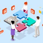 Eine Illustration, die 3 Personen zeigt, die um Puzzleteile stehen und es sind verschiedene Datenauswertungen zu sehen