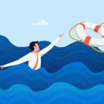 Eine Illustration zeigt einen Mann, der im Meer im Anzug schwimmt und nach einem Rettungsreifen greift.