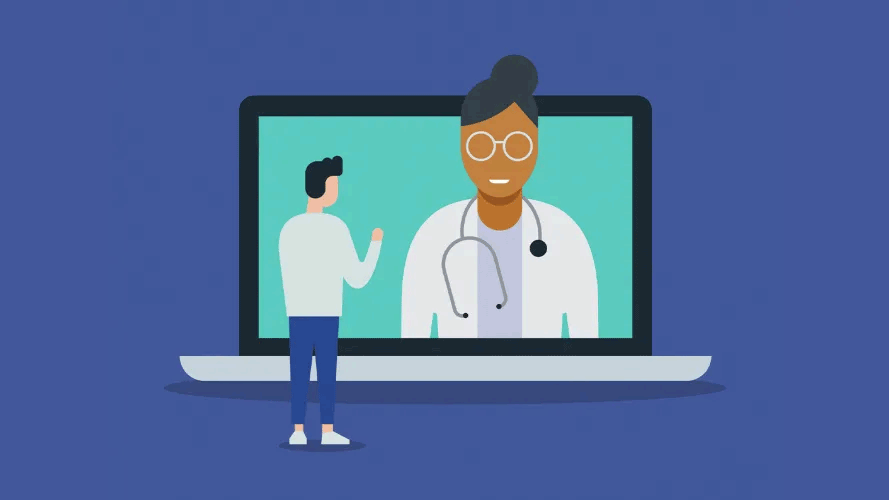 Eine Grafik zeigt einen überdimensionalen Laptop, auf dem eine Ärztin zu sehen ist. Davor steht eine männliche Person.