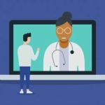 Eine Grafik zeigt einen überdimensionalen Laptop, auf dem eine Ärztin zu sehen ist. Davor steht eine männliche Person.