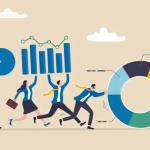 Eine Grafik zeigt mehrere Personen, die verschiedene Datenvisualisierungen in der Hand halten und nach rechts laufen