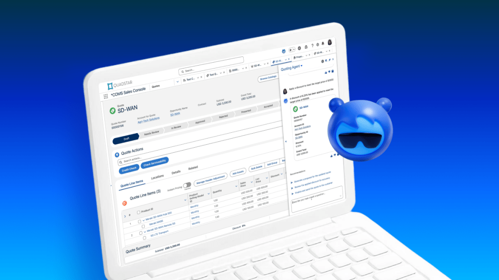 A screenshot of the Quadstar COMS Sales Console showing an SD-WAN quote interface