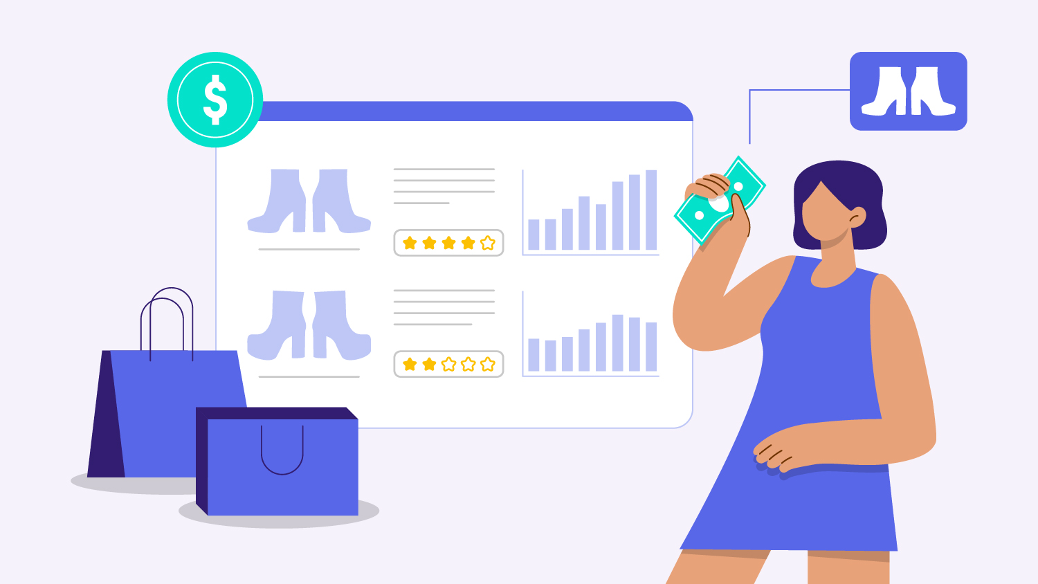 Una mujer con dinero en efectivo en la mano se encuentra junto al sitio web de un minorista, lista para comprar las últimas tendencias minoristas.