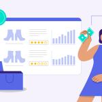 Una mujer con dinero en efectivo en la mano se encuentra junto al sitio web de un minorista, lista para comprar las últimas tendencias minoristas.