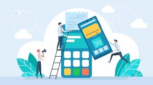 Ilustración que muestra a un equipo de una pequeña empresa configurando un sitio de comercio electrónico.