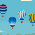 Un colorido grupo de globos aerostáticos animados flotando en un cielo azul