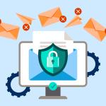 Illustration of a verified email on a computer screen, featuring a green shield over an envelope. There are other unverified emails unsuccessfully reaching the computer. / email authentication