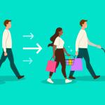 Image depicting empty-handed visitors entering a website, then leaving with shopping bags in-hand, signifying conversion and purchases