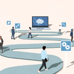 Graphic of a winding path leading to a laptop with people walking and looking at various graphical icons