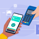 Illustration of someone holding their smartphone up against a chip reader while making a purchase / marketing trends
