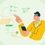 Ilustración sobre un fondo verde de un hombre con un traje amarillo señalando correos electrónicos / contenido de correo electrónico dinámico.