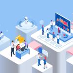 Los empleados de ventas y servicios realizan su trabajo en bloques separados que están conectados por puentes.