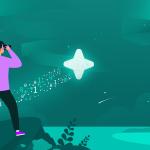 Un CIO utiliza datos e inteligencia artificial, simbolizados por código binario, para identificar oportunidades y alcanzar objetivos empresariales representados por una estrella brillante en la distancia.