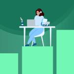 A female service agent sits at her desk, on top of a bar graph, to offer great customer service and profitability.