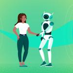 Una mujer y un robot se dan la mano frente a portales brillantes, simbolizando la colaboración en la tecnología del futuro.