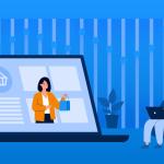 Un hombre analiza métricas de campaña en una laptop con una mujer sosteniendo bolsas de compras en la pantalla. El CMO revisa datos de la campaña de marketing en línea.