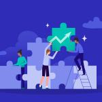 Team collaborates on building puzzle with upward arrow, illustrating successful digital transformation.