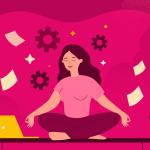 Woman sitting calmly with laptop as papers and gear float around her. Multi-modal GenAI transforms creative industries.