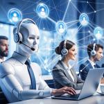 A robot in shirt and tie sits next to human workers.