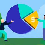 Two people collaborate to complete a pie chart, with a golden slice featuring a dollar sign representing the net retention rate.