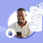 Image shows a man staring at the phone with a security icon next to him.