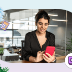 A woman sits at a desk in a financial services IT office using a red cell phone. The image is framed with a light blue and purple gradient frame featuring Agent Astro holding a calculator on the top left and a Salesforce Financial Services purple icon in the bottom right.