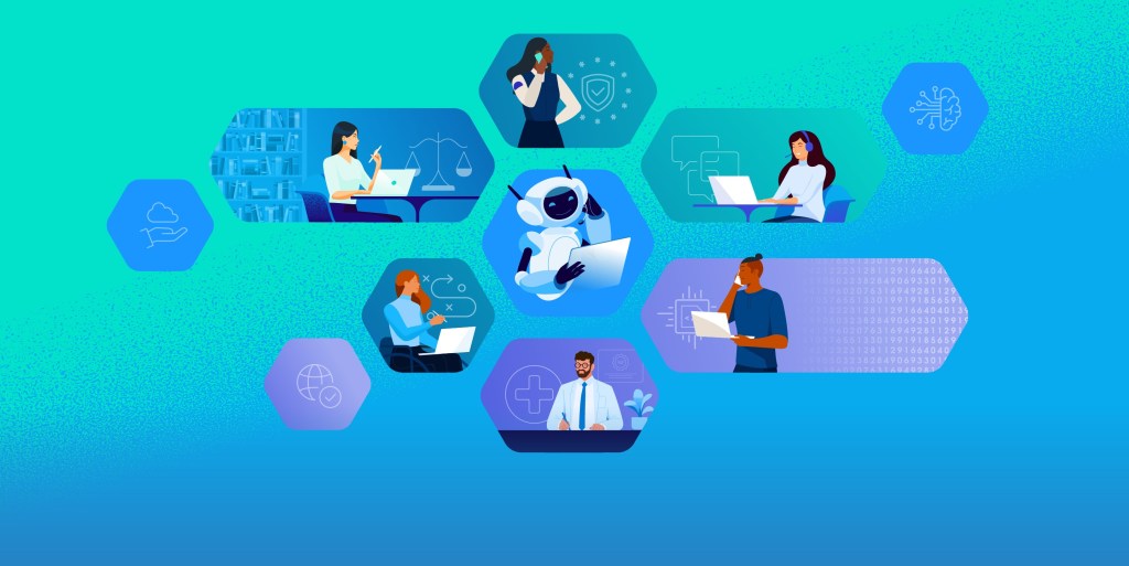 Una ilustración digital sobre un fondo azul y cerceta muestra a un robot central usando un ordenador portátil, rodeado de iconos hexagonales de profesionales —como abogados, médicos y agentes de servicio al cliente— interactuando con la tecnología. Iconos adicionales representan la IA, la computación en la nube y los servicios globales.