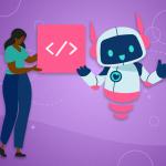 Developers are using AI to help accelerate their time from ideation to deployment. Illustration of person holding code with AI agent.