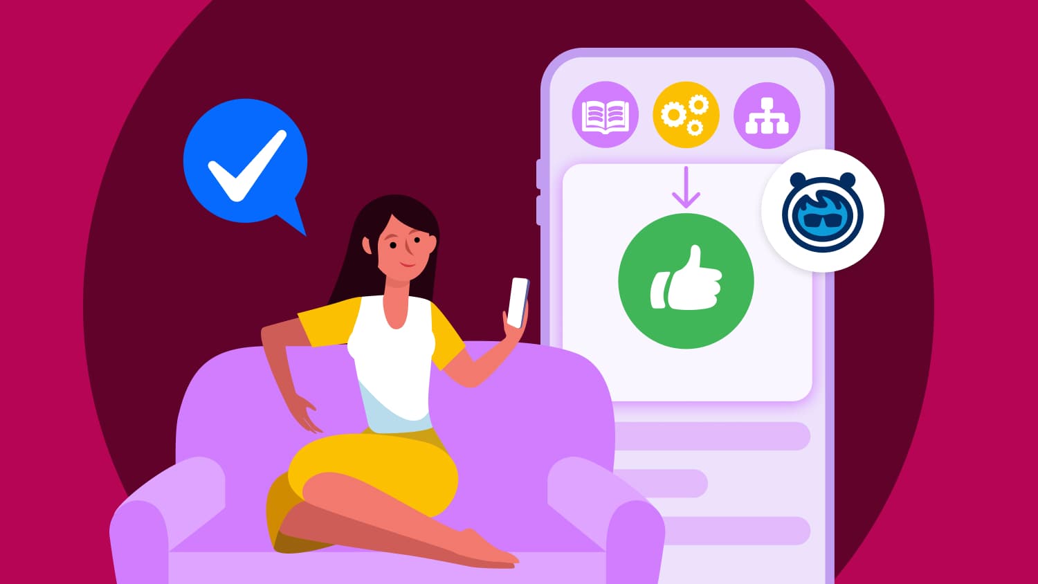 Illustration of a customer on her couch, receiving proactive service on her phone.