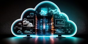 An illustration of a glowing neon blue cloud outline containing server racks, computer monitors, and floating data icons, representing cloud computing.