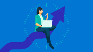 A woman sitting on an upward arrow, using a laptop, against a background of a clock.