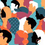 Colourful illustration of side profiles of a group of people. Designers studying human-computer interaction learn about the human side of the equation.