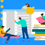 An illustration of four sellers reading sales books.