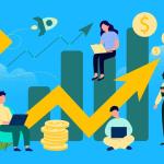 Reps executing a sales plan while standing and sitting next to a bar chart and piles of coins