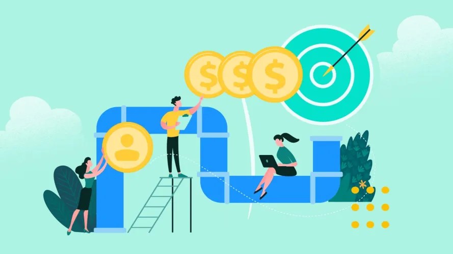 Sales pipeline graphic with sales reps pushing money through a winding pipeline