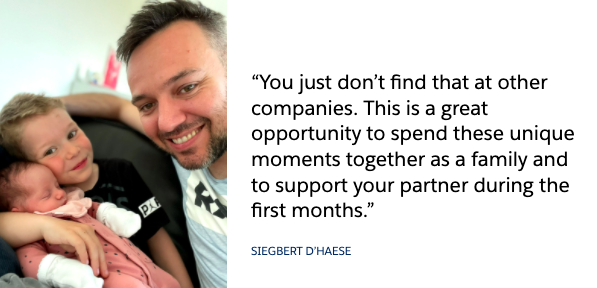 Image of Siegbert D’Haese, a working dad at Salesforce. He is a Lead Solution Engineer, currently on parental leave after the birth of his second child.