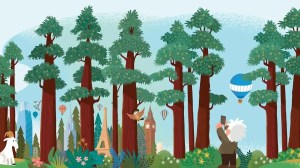 Animated forest filled with Salesforce characters and global landmarks