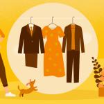 A woman deciding between three leadership styles represented as outfits on a rack.