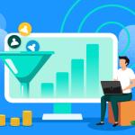 Person sitting in front of a green bar chart measuring sales KPIs
