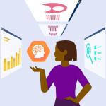 An illustration of a person viewing a brain with various windows of data nearby, showing AI assistants