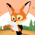 Brandy the fox looking at a tablet in front of a woodland