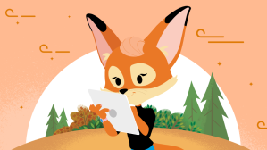 Brandy the fox looking at a tablet in front of a woodland