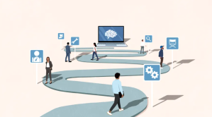 Graphic of a winding path leading to a laptop with people walking and looking at various graphical icons