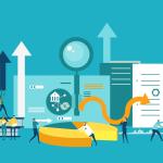 Illustration of business people working together against of note pad, graphs and growth bars, arrows and puzzle pieces and gears, showing competitor analysis.