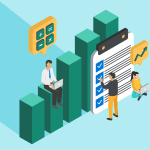 Illustration of a green bar chart representing financial services with a man and a woman on a laptop and a man checking off a checklist.