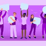 Diverse people hold up blank speech bubbles. Marketing quotes concept.