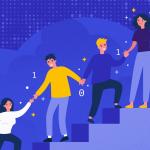 Forward-looking CEOs helping teams climb up the ladder with a lightbulb idea, symbolising AI innovation.